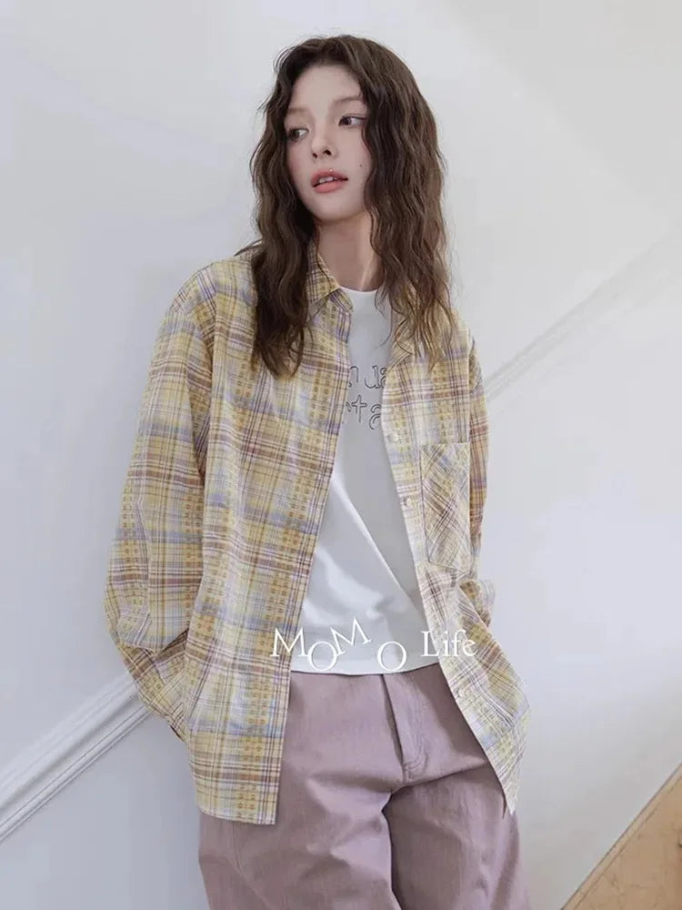 Bxoxo Sweet Yellow Plaid Shirt Women Casual Vintage Long Sleeve Pocket Blouse American Fall Preppy Style Female Retro Loose Tops New