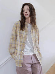 Bxoxo Sweet Yellow Plaid Shirt Women Casual Vintage Long Sleeve Pocket Blouse American Fall Preppy Style Female Retro Loose Tops New