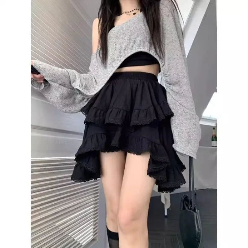 BXOXO Mini Skirts Women Irregular Lace Patchwork Ruffles Stretch High Waist 2025 Summer Fashion Sweet Skirt Female Casual