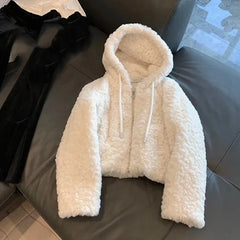 Bxoxo Faux Fur Lamb Hooded Jacket Women Winter Thick Warm Hairy Crop Coat Y2K Loose Streetwear Long Sleeve Zipper Fur Outerwear