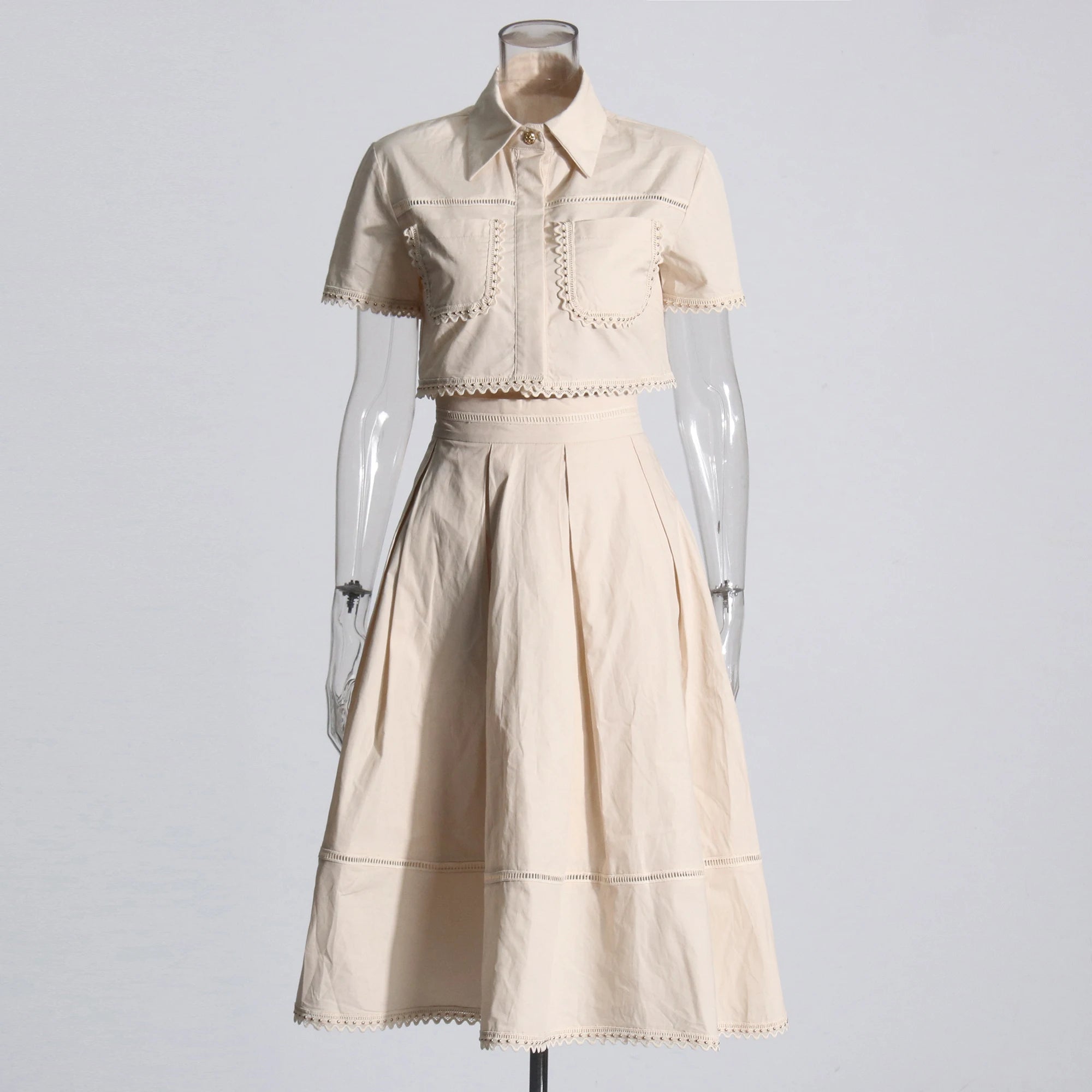 Bxoxo Elegant Two Piece Sets For Women Lapel Short Sleeve Tops High Waist A Line Pleated Skirts Solid Set Female Summer 2023