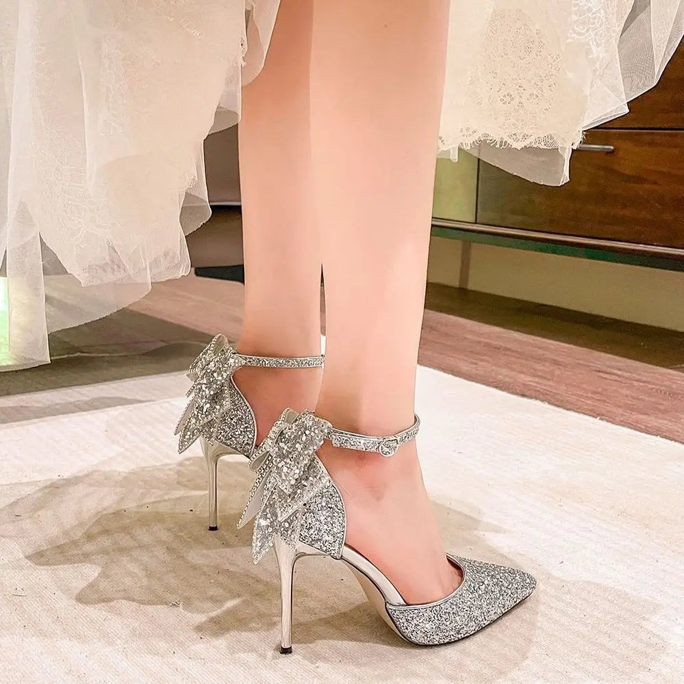Bxoxo Shoes for Woman Stilito Silver Women's Summer Footwear Wedding Bride Shoe Rhinestone Pointed Toe Super High Heel Diamond 39