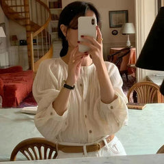 Bxoxo Retro Ele Gentle round Ne Pleated Long Sve irt Translucence Single Button Loose Fit Lantern Sve Pure Color Wome...