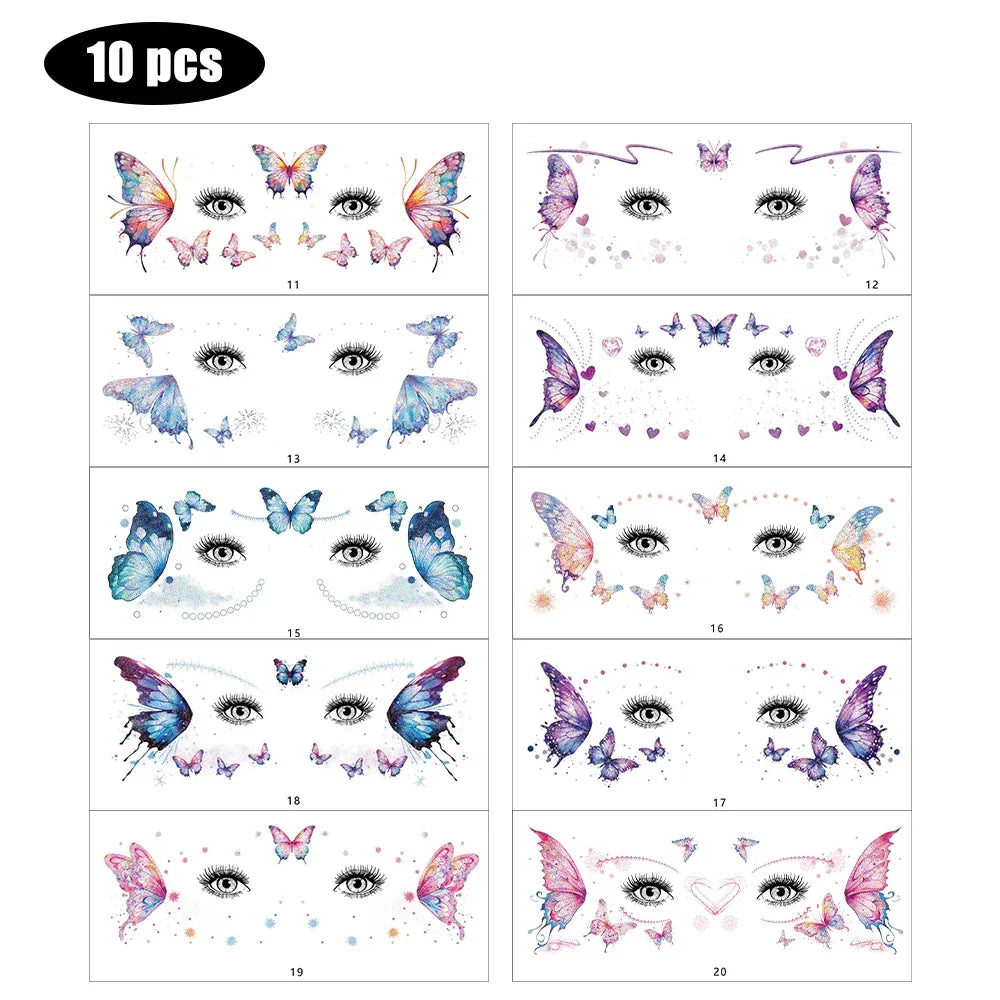 BXOXO 10pcs Shiny Butterfly Tattoo Sticker Eyes Face Body Makeup Waterproof Lasting Tattoos Stickers Music Festival Party DIY Decals