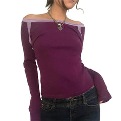 Bxoxo Fairy Grunge Top y2k Vintage Aesthetic Patchwork Off Shoulder Long Sleeve T Shirt 2000s Women Clothes Casual Streetwear