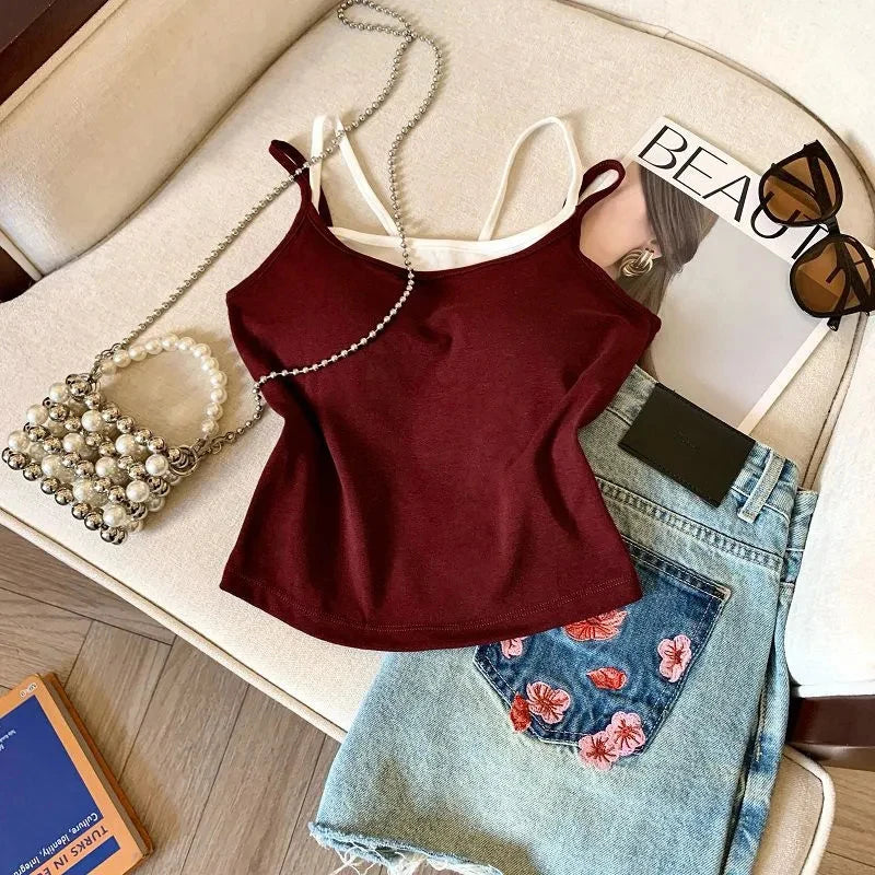 Bxoxo Fashion Patchwork Fake 2 Piece Women Camis Summer Fashion Spaghetti Straps with Chest Pad Vest Korean Chic Base Tank Female