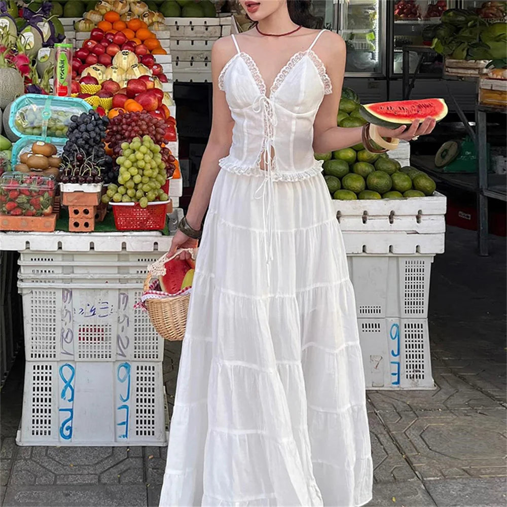 BXOXO Sweet Lace 2-Piece Set Women Bandage Sleeveless Tops+Elasticated Waist Large Skirt Summer Trend Vacation Matching Suits