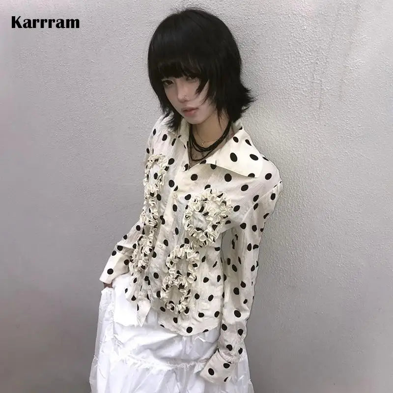 BXOXO Japanese Y2k Polka Dot Shirt Trashy 2000s Style Frill Blouse Women Vintage Harajuku Irregular Shirts Grunge Aesthetics