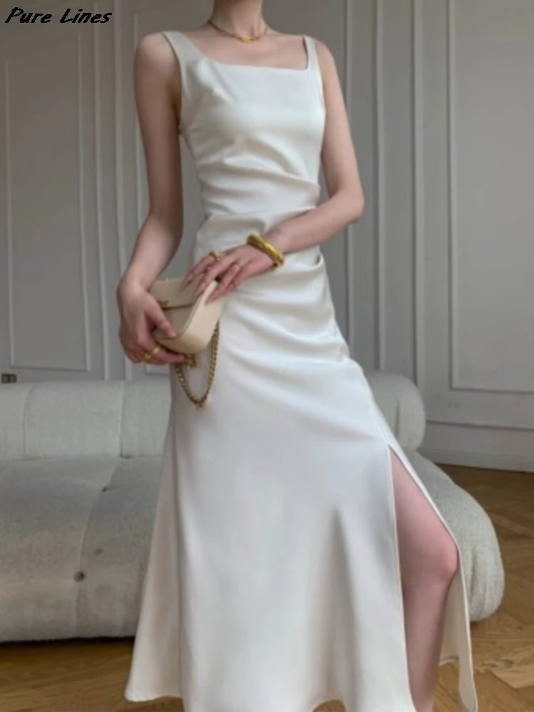 Bxoxo Women's White Elegant Sleeveless Slim Split Slip Dresses Summer Fashion New Female Clothing Evening Party Wedding Guest Dress