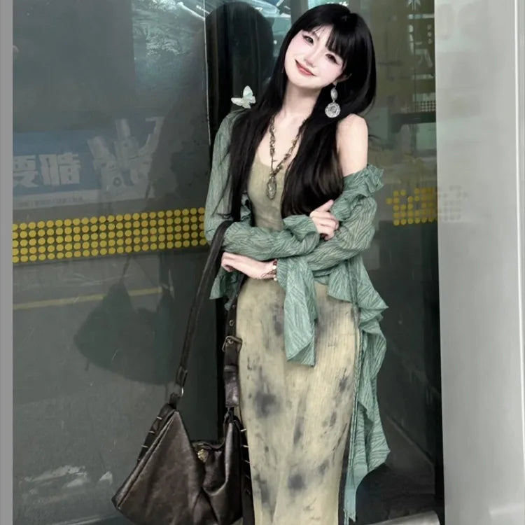 BXOXO New Chinese Style Halo Dyeing Slim Fit Camisole Dresses+ Y2k Ruffles Long Sleeve Green Cardigan Spring Two Piece Sets