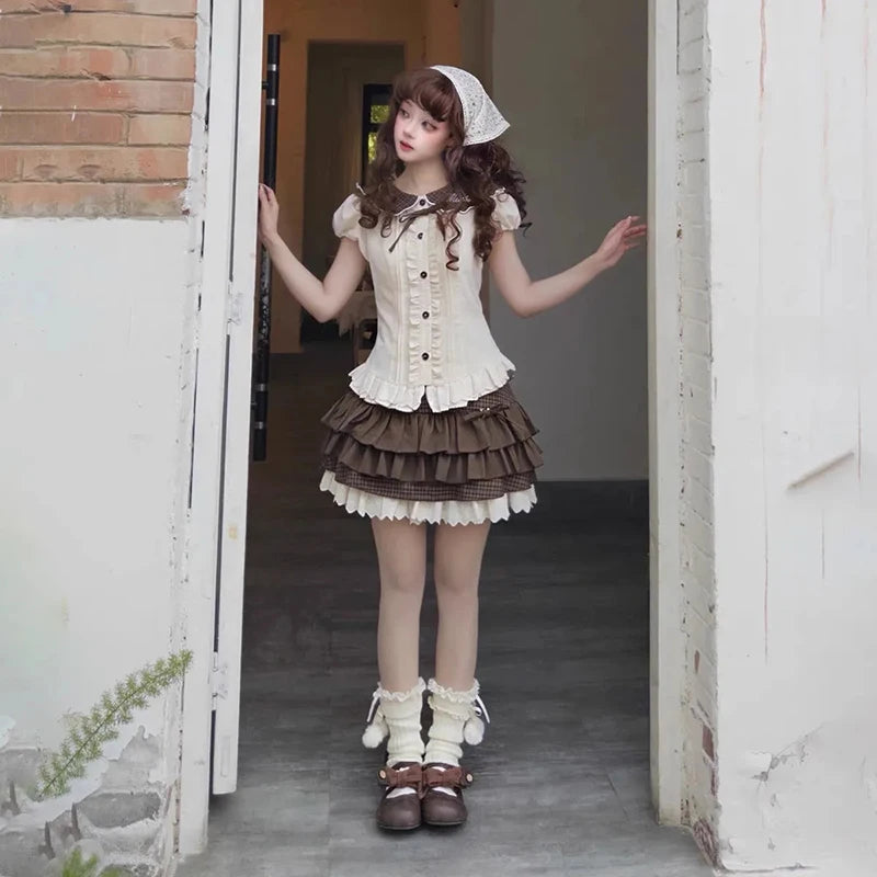 Bxoxo Japanese Sweet Lolita Mini Skirts Women Y2K Kawaii Lace Patchwork Bow Cake Skirt Femme High Waist Preppy All Match A Line Skirts