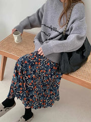 BXOXO Vintage Blue Flower Print Skirt for Women Summer New High Waist A-line Skirts Lazy All-match Mid-length Loose Faldas Mujer