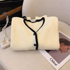 Bxoxo Autumn V Neck Knit Cardigan for Women Fashion Striped Patchwork Lace Up Casual Sweater Korean Preppy All Match Buttons Jumpers