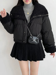 Bxoxo Plush Lamb Warm Jacket for Women Fashion Patchwork Double Sided Wear Crop Coats Y2K Streetwear Loose Lapel Solid Outwear New