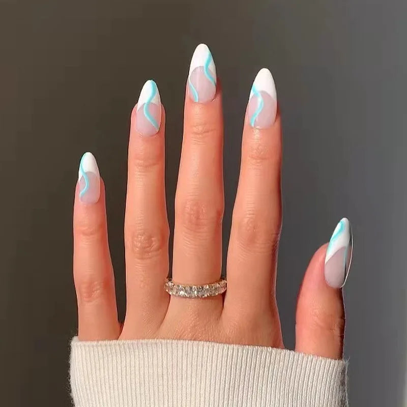 Bxoxo 24P French Oval False Nails Girls White Edge Design Nude Color Wearable Press on Nail Full Cover Short Acrylic Almond Fake Nails