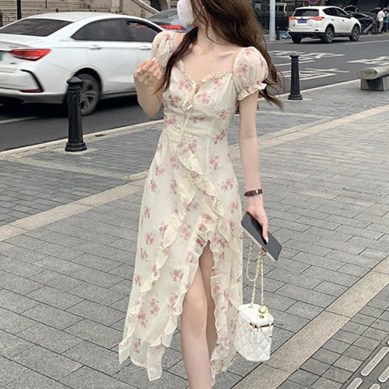 BXOXO Summer New Floral Printing Ruffles Irregular Slit Dress Lady Short Sleeve Sexy Fashion Slim Bow Robe One Word Collar Vestidos