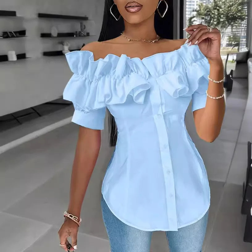 BXOXO Sexy One-piece Collar Slim White Shirt And Blouses Women's Summer Short Sleeve Fashion Ruffle Button Cardigan Female Shirts Top