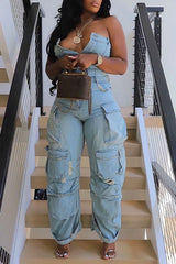 BXOXO Plus Size Fashion Streetwear Denim Jumpsuit Women's Loose Pants Jumpsuit Plus Size Multi-pocket Strapless Jeans