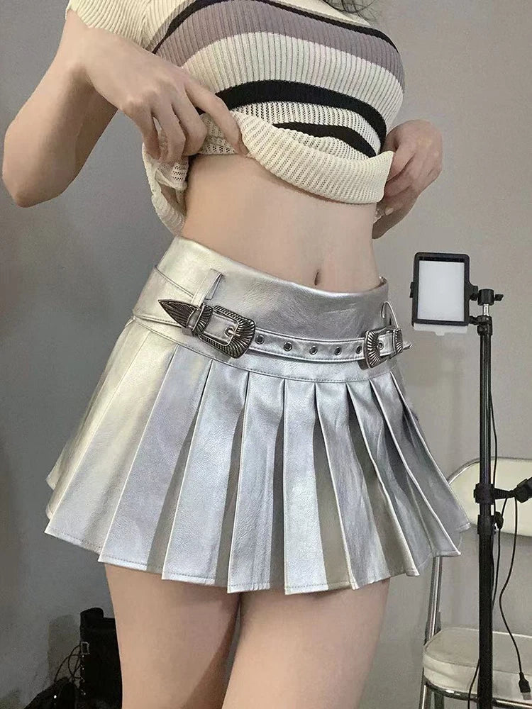 Bxoxo PU leather Pleated skirts Women Y2K High Waist With belt casual A line Punk skirts Fashion Hot Girls Night Party mini skirts