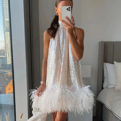 BXOXO Hanging Neck Sequined Dress For Women Fashion Sleeveless Mini Dress Sparkling Hem Slim Temperament Night Gowns Vestidos