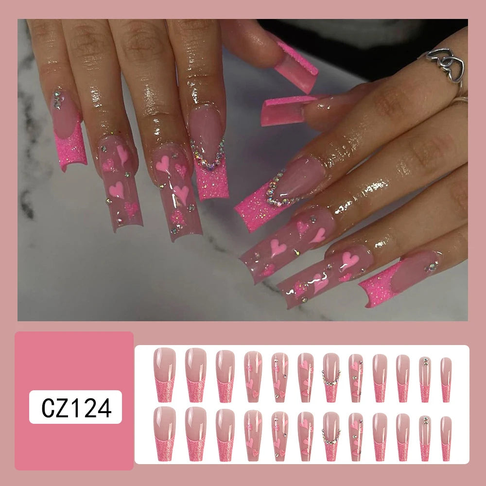 BXOXO 24 Pcs Glossy Long Ballerina Press On Nails Pink Glitter French Style Fake Nails With Rhinestone Artifical Reusable False Nails