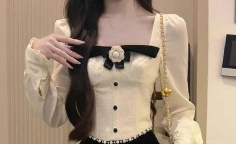 BXOXO Elegant Sweet Square Collar Bow Long Sleeve Tops Women+ Y2k E-Girl High Waist Bodycon 2025 Spring New Skirts Two Piece Sets