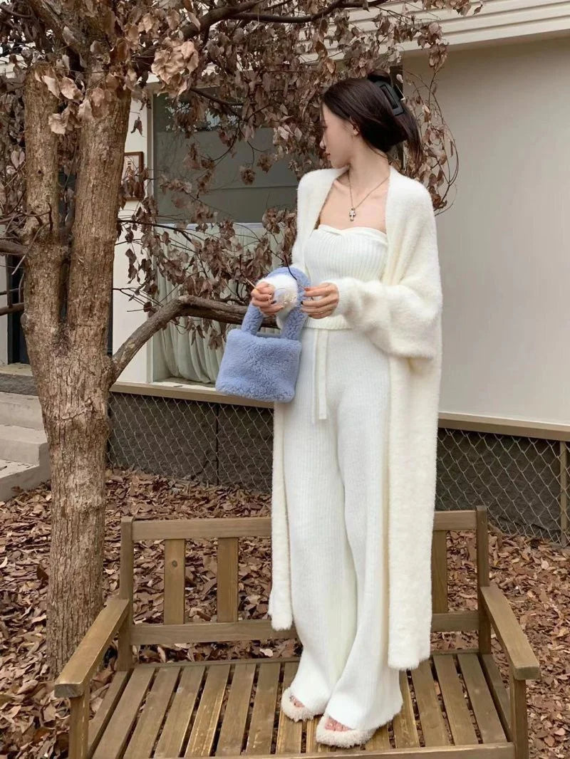 Bxoxo New Imitation Mink Coat Slimming Autumn And Winter Loose Fitting Long Sweater Thickened Lazy Knitted Cardigan Jacket White