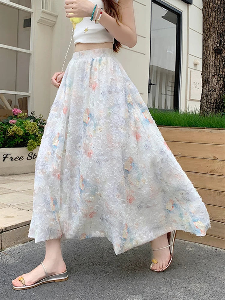 BXOXO Women Floral Sweet Long Skirt Casual High Waist Elegant Loose Korean Skirts High Quality Lady Fashion Ball Gown Long Skirts