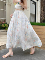 BXOXO Women Floral Sweet Long Skirt Casual High Waist Elegant Loose Korean Skirts High Quality Lady Fashion Ball Gown Long Skirts