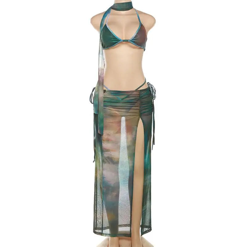 BXOXO Summer Fashiontie Tie-dye Printed Long Dresses Bikini Set Beach Wear Bra Briefs Scard with Long Slit Skirt Bathing Suit Swimsuit