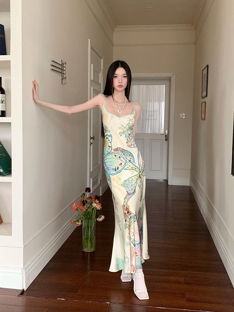 Bxoxo Ocean Flowers Backless Long Mermaid Dress For Woman Summer 2025 V Neck Midi Slip Dress Evening Party Clothes