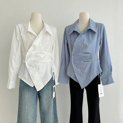 Bxoxo Blue Striped Shirts Women Vintage Elegant Irregular Waist White Blouses Ladies Korean Long Sleeve Chic Buttons Slim Design Tops