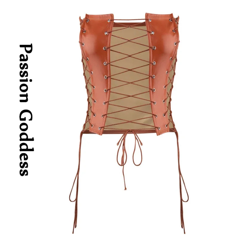 Bxoxo Sexy Gothic Women PU Leather Corsets Bustiers Lace-up Bandage Crown Girdle Slim Waist Back Zipper Strap Corset Tops Curve Shaper