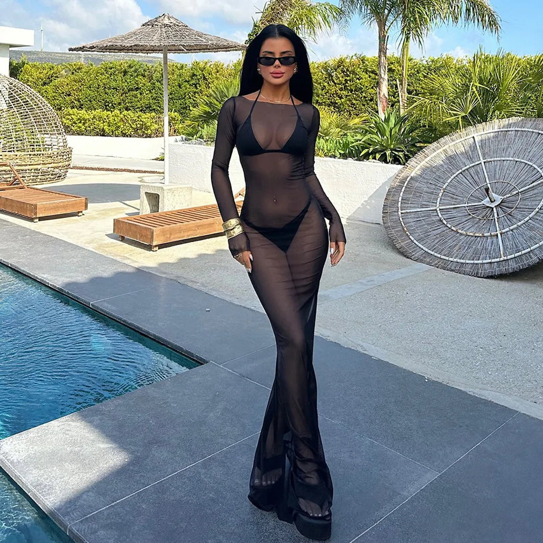 BXOXO Women Slash Neck Mesh See-Through Dress New Sexy Slim Pullover Long Sleeve Floor-Length Solid Dresses Beach Cover ups