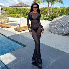 BXOXO Women Slash Neck Mesh See-Through Dress New Sexy Slim Pullover Long Sleeve Floor-Length Solid Dresses Beach Cover ups
