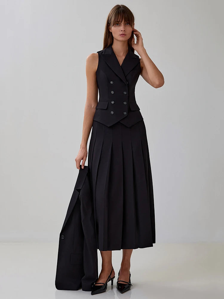 BXOXO  Autumn Two Piece Sets Women Double-breasted Vest And Split Skirt Matching Sets Fashion Long Pleated Skirt Two Piece Set