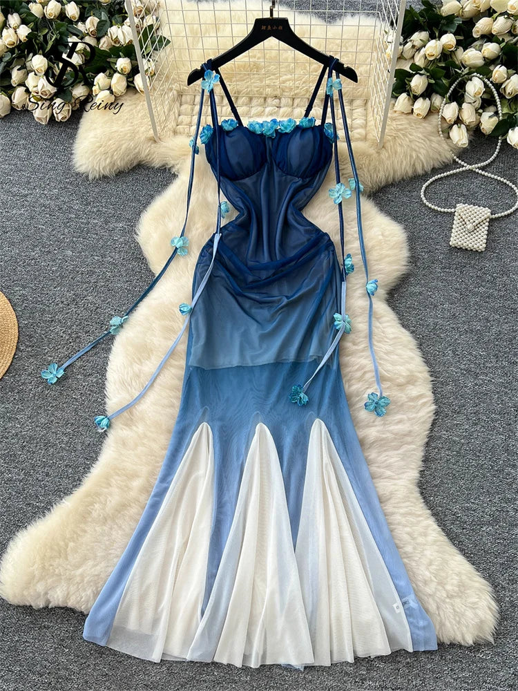 BXOXO Spaghetti Strap Mesh Beach Dress Female 3D Floral Backless Maxi Sundress Holiday Gradient Mermaid Long Party Dress