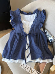 Bxoxo Blue Plaid irt-Like Two-Piece Women's Summer Thin Doll irt Beautiful Bow-Tie Fly Sve Sweet Sle Loose Fit Polyester F...