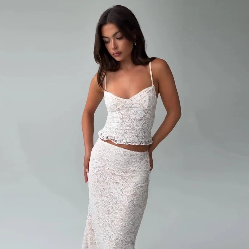 Bxoxo Sexy Lace V-neck Spaghetti Strap Tops and Bodycon Trumpet Long Skirt Y2K Summer Fashion Daily Outdoor Women 2 Piece Set