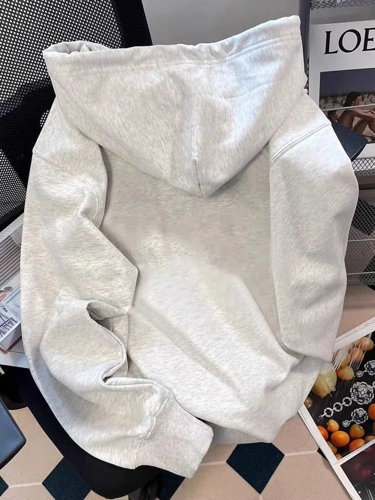 Bxoxo Cartoon Print Cute Hoodies Women Vintage Long Sleeve Loose Kawaii Sweatshirt Japan Retro Casual Pockets Female Gray Y2K Tops New