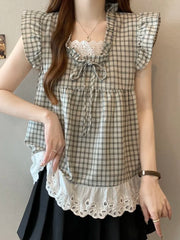 BXOXO Lace Patchwork Plaid Shirt Women Casual Loose Flying Sleeve Vintage Blouse Preppy Style Sweet Korean Lady Retro Summer Tops