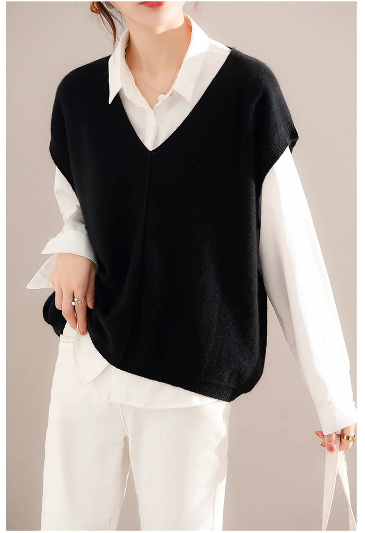 Bxoxo Cashmere Vest Ladies New 100%Pure Wool Knit Waistcoat Spring V-Neck Large Size Sweater Wild Sleeveless Vest Solid Loose Top