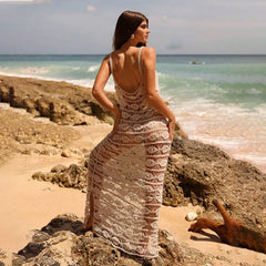 BXOXO Women Knit Beach Maxi Dress Fashion Sleeveless V-neck Cover-up Dress Hollowed Summer Long Vacation Dress