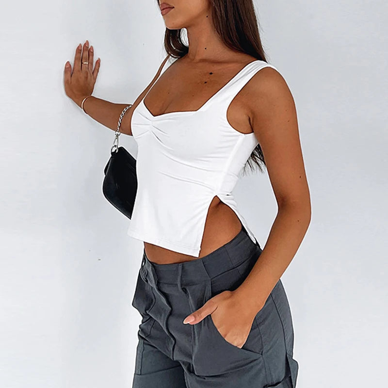 BXOXO Summer White Sexy Tank Tops Women Crop Top Sleeveless Split Slim Streetwear Casual V-Neck Solid Basic Backless Camisole Female