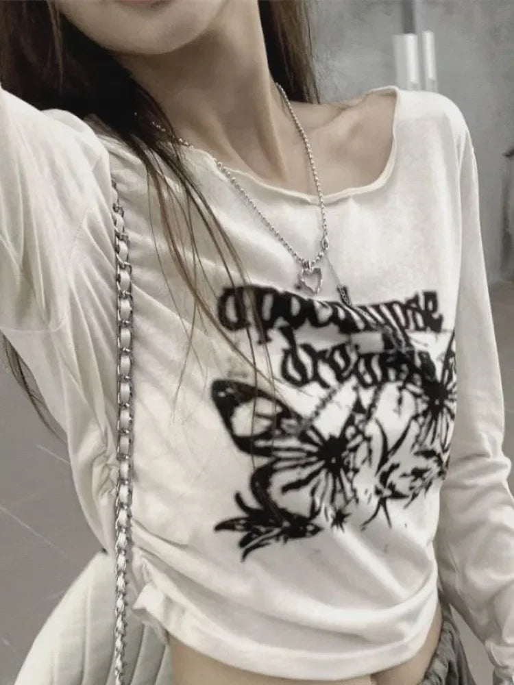 BXOXO Sexy Pleated Grunge Tee Shirts Femme Slim Fit Y2k Aesthetic Letter Print Long Sleeve Cropped Top Women Fashion All Match T-shirt