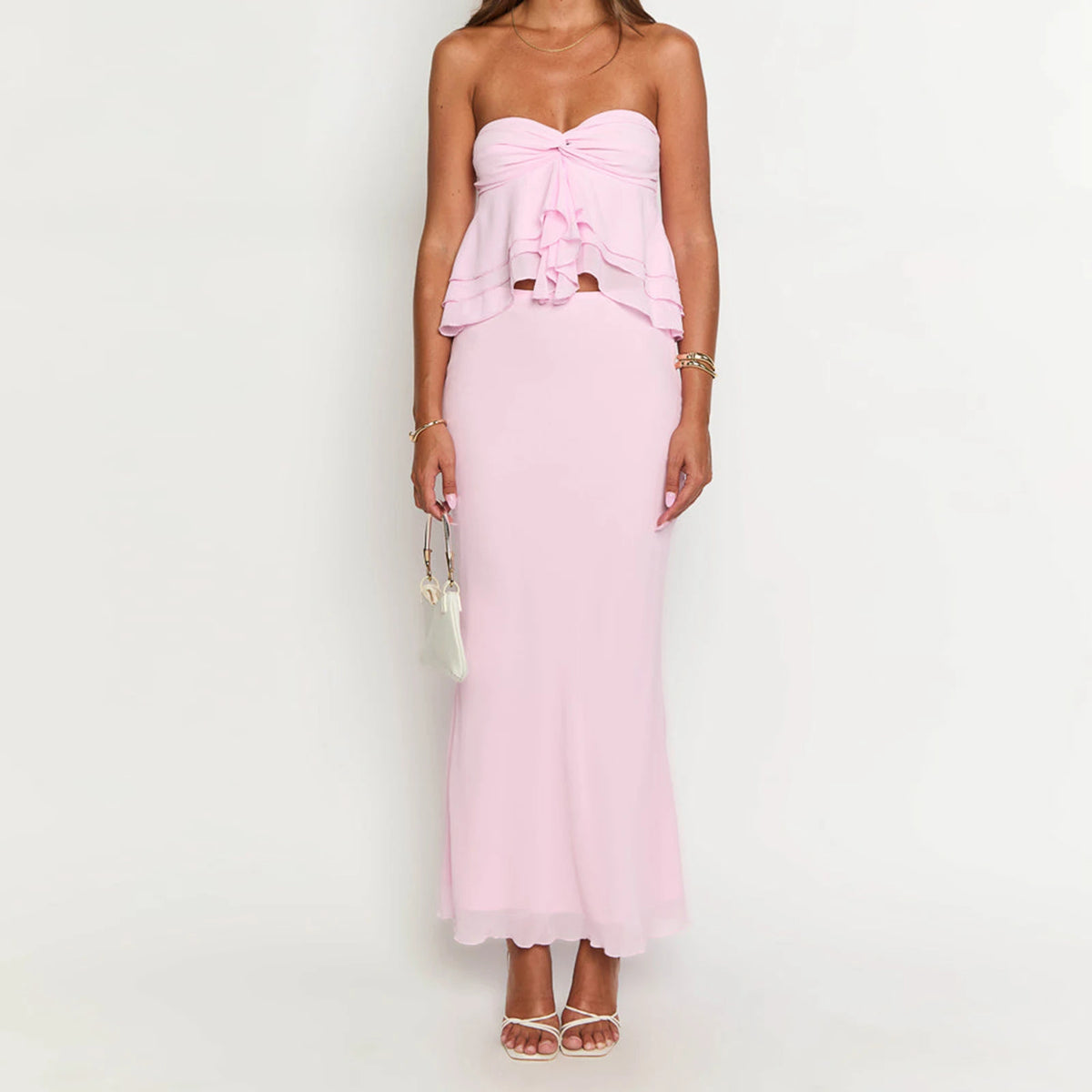 BXOXO Women's Summer 2 Piece Skirts Outfits Solid Color Ruffles Strapless Tube Tops High Waist Long Skirts Party Clothes Set