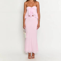 BXOXO Women's Summer 2 Piece Skirts Outfits Solid Color Ruffles Strapless Tube Tops High Waist Long Skirts Party Clothes Set