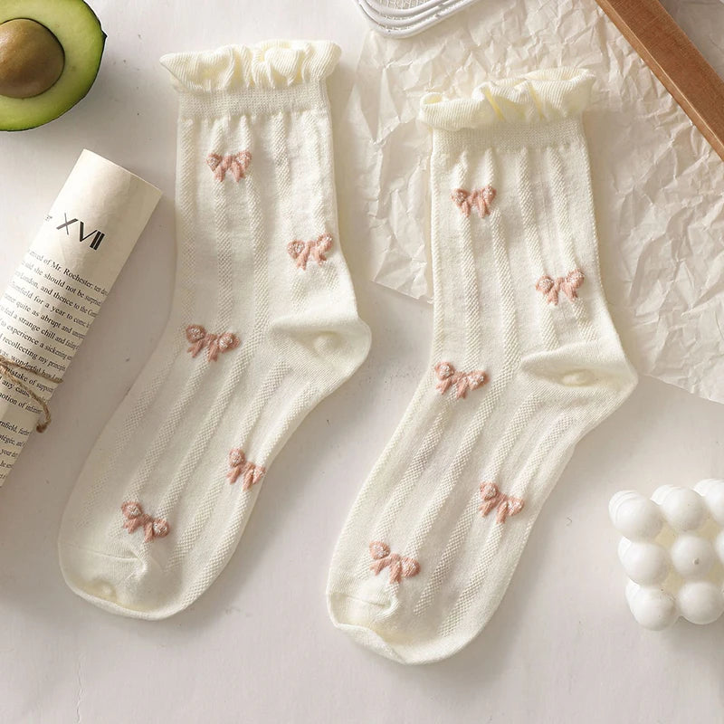 BXOXO Simple White Socks Versatile Lovely Bowknot Small Flowers Women's Medium Tube Socks kawaii Harajuku jk Lolita Girls Cotton Socks