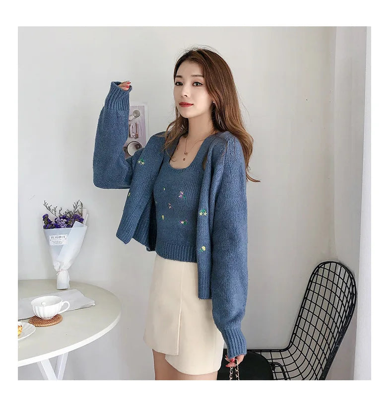 Bxoxo Two-piece Top Suit Flower Embroidered Knitted Korean Style Cardigan Autumn Fashion Sling Sweater Slim Sweet Jacket Sets
