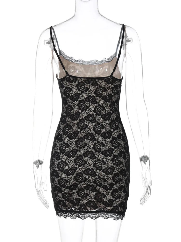 BXOXO  Lace Spaghetti Strap Sexy Mini Dress For Women Robe Fashion Off-shoulder Sleeveless Backless Floral Print Skinny Dress